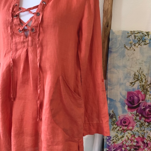 FOR CYNTHY BURNT ORANGE LINEN HOODED TUNIC TOP COVER UP - Picture 10 of 14